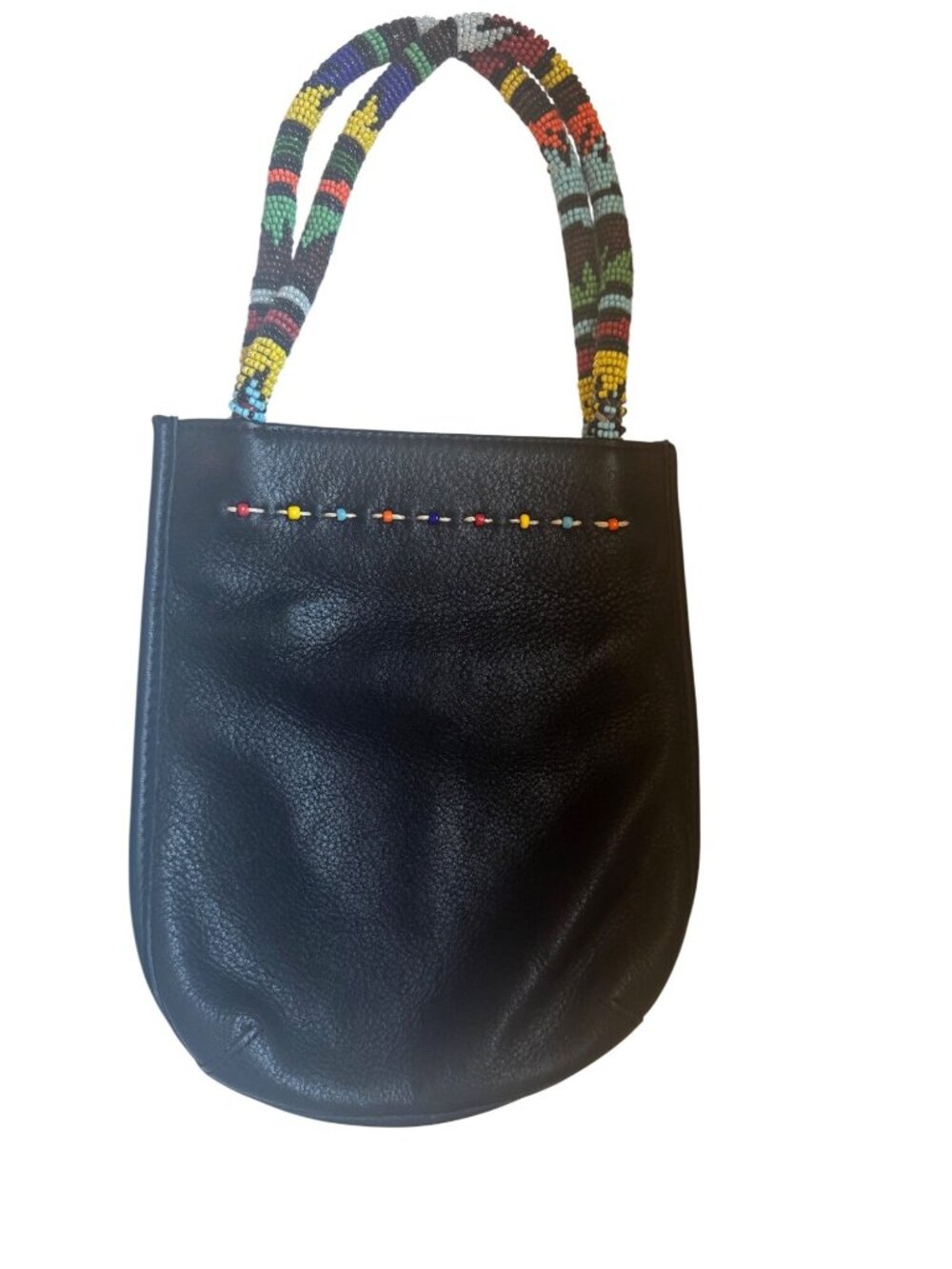 Wilson's Leather Maxima Black Leather Beaded Handbag with Multicolored Beaded Ha